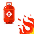 Red gas cylinder dangerously close to fire. flammable substance.