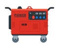 Red Gasoline Portable Power Generator on Wheels, Diesel Electrical Engine Equipment Vector Illustration