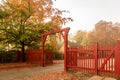 Klampenborg, Denmark - 15 october 2018: The Red Gate to Jaegersborg Dyrehave. This gate is located next to the