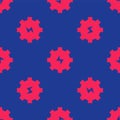 Red Gear and lightning icon isolated seamless pattern on blue background. Electric power. Lightning bolt sign. Vector Royalty Free Stock Photo