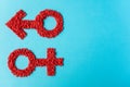 Red gender symbols of small hearts on a blue background. Male and female sign composed of hearts with copy space Royalty Free Stock Photo