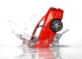 Red generic sedan car, falling into water splashing.