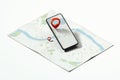 Red geotag or map pin in mobile phone on realistic map. 3d rendering.