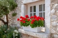 Red geraniums blooming on old stone window sill Royalty Free Stock Photo
