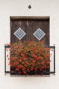 Red Geraniums in front of closed wooden window shutters Royalty Free Stock Photo