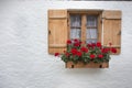 Red geraniums on wooden window Royalty Free Stock Photo