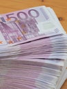 Red German 500 Euro notes in a large stack