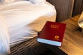 Gideons Bible in hotel room on night stand Royalty Free Stock Photo