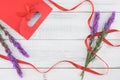 Red gift bag decorated with violet liatris flowers