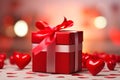 Romantic Valentineâs Gift - Red Box with Bow Amidst Glowing Hearts Royalty Free Stock Photo