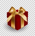 Red gift box bandaged with golden elegant bow with knot. Object isolated on transparent background. Realistic vector illustration Royalty Free Stock Photo