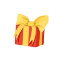 Red gift box with big yellow bow. Happy Birthday theme. Present for holiday. Element for greeting card or banner. Flat Royalty Free Stock Photo
