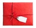Red gift box with blank gift tag Royalty Free Stock Photo