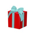 A red gift box with blue bow