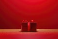 Red gift box with red bow on red background. Generative AI