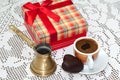 RED GIFT BOX BOW COFFEE CHOCOLATE HEART Royalty Free Stock Photo