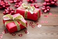 Red gift box with bows, on wooden background. Copy space. Valentine's day, birthday, Christmas Royalty Free Stock Photo