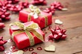Red gift box with bows, on wooden background. Copy space. Valentine& x27;s day, birthday, Christmas Royalty Free Stock Photo