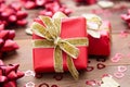 Red gift box with bows, on wooden background. Copy space. Valentine's day, birthday, Christmas Royalty Free Stock Photo