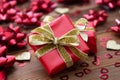 Red gift box with bows, on wooden background. Copy space. Valentine's day, birthday, Christmas Royalty Free Stock Photo