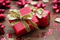 Red gift box with bows, on wooden background. Copy space. Valentine's day, birthday, Christmas Royalty Free Stock Photo