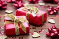 Red gift box with bows, on wooden background. Copy space. Valentine's day, birthday, Christmas Royalty Free Stock Photo