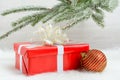 Red gift box and Christmas decoration ball Royalty Free Stock Photo