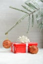 Red gift box and Christmas decoration ball Royalty Free Stock Photo