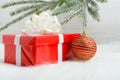 Red gift box and Christmas decoration ball Royalty Free Stock Photo