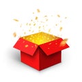 Red gift box confetti explosion. Magic open surprise gift box package decoration