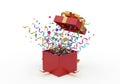 Red gift box exploding with colorful confetti and streamers Royalty Free Stock Photo