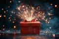 Red gift box exploding with festive fireworks, creating a magical atmosphere for celebrations, birthdays, or holidays Royalty Free Stock Photo