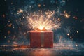 Red gift box exploding with sparks and glitter, creating a magical and festive atmosphere Royalty Free Stock Photo