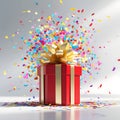 Red gift box with gold ribbon exploding with colorful confetti present celebration Royalty Free Stock Photo