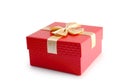 Red gift box and gold ribbon isolated clipping path. Royalty Free Stock Photo