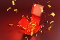 Red gift box with gold ribbons bow open with confetti on red background, for valentine day, festival or celebration, 3D rendering