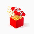 Red Gift Box with golden confetti. Open red box with white bow. Christmas Background. Royalty Free Stock Photo