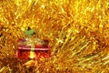 Red gift box golden fluffy decorations