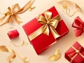 Vector illustration of a red gift box with a golden ribbon bow, perfect for Christmas decorations. Royalty Free Stock Photo