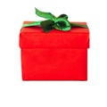 Red gift box with green satin ribbon bow Royalty Free Stock Photo