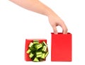 Red gift box with a hand on it. Royalty Free Stock Photo