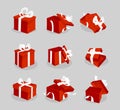 Red gift box icon set for web, games, Christmas cards etc. Cartoon red gift boxes with white ribbons isolated. Vector illustration