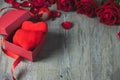 Red gift box Inside there is a red heart pillow Royalty Free Stock Photo
