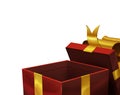 Red gift box open with gold ribbon isolate illustration art 3d.