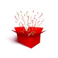 Red gift box with red and golden ribbons, serpentine and confetti isolated on white background. Vector design element.