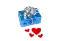 Blue gift box red hearts on white isolate background Royalty Free Stock Photo