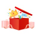 Red gift box with ribbon. Bonuses money with earn points for the loyalty program. Vector illustration. Birthday concept Royalty Free Stock Photo