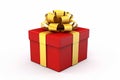 Red gift box with satin golden ribbon bow on a white background, 3D. Christmas and New Year\'s Day or Birthday. Royalty Free Stock Photo