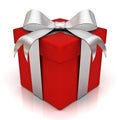 Red gift box with silver ribbon bow Royalty Free Stock Photo