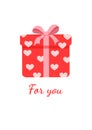 Red gift box surprise with hearts. Present vector illustration for postcard, textile, decor, poster, banner. Greeting Royalty Free Stock Photo